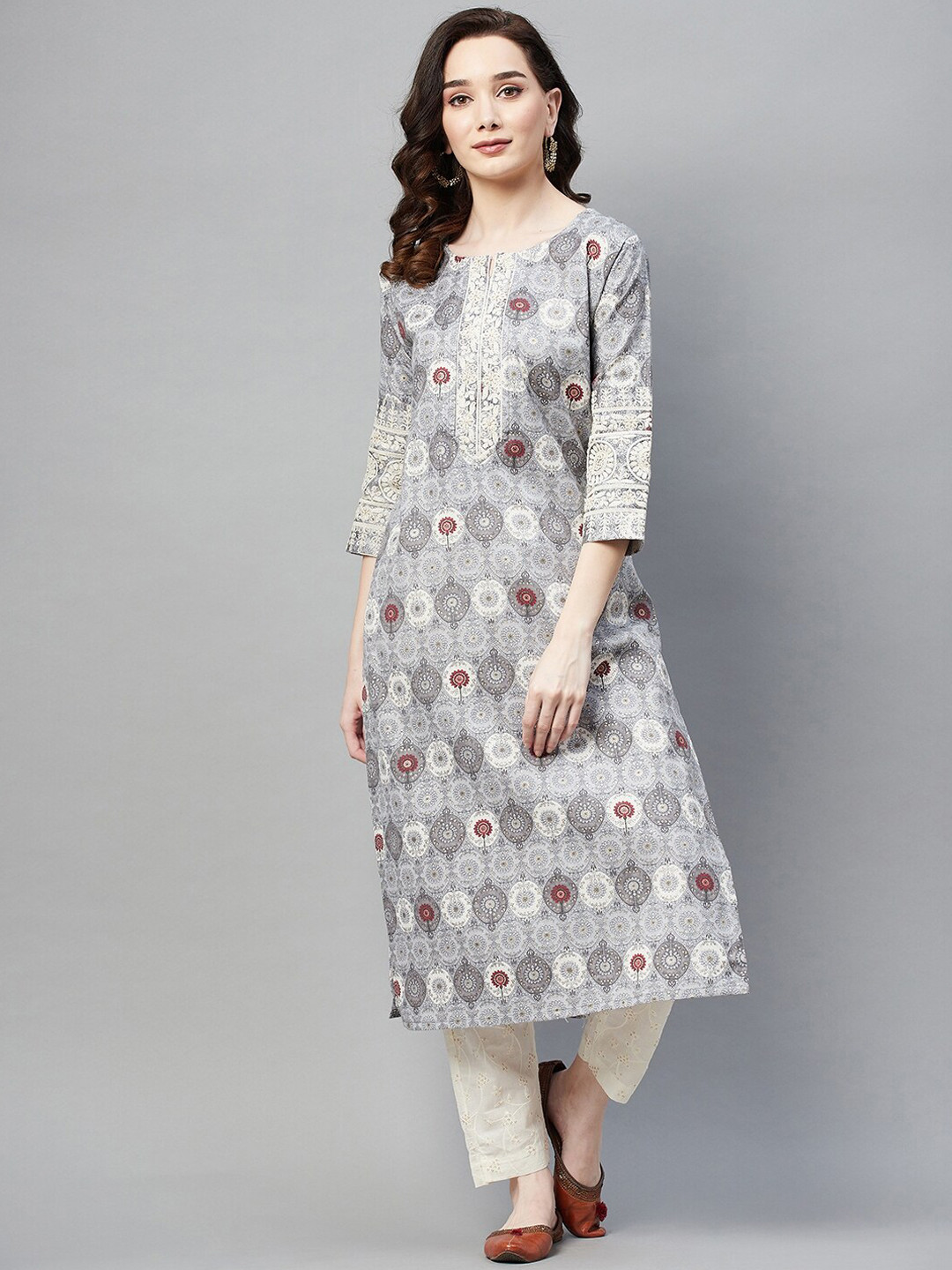 

BAESD Ethnic Motifs Printed Notched Neck Thread Work Pure Cotton Straight Kurta, Grey