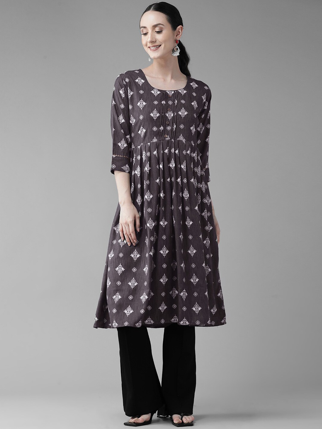 

BAESD Geometric Printed Anarkali Cotton Kurta, Grey