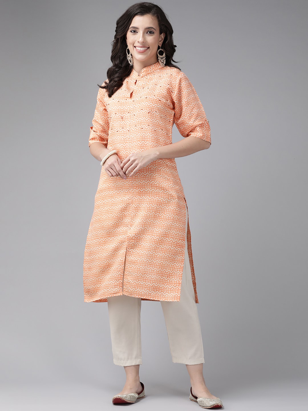 

BAESD Geometric Printed Mandarin Collar Cotton Pathani Kurta, Peach
