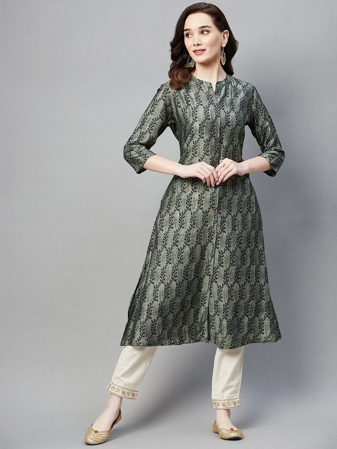 

BAESD Floral Woven Design Cotton Kurta, Grey