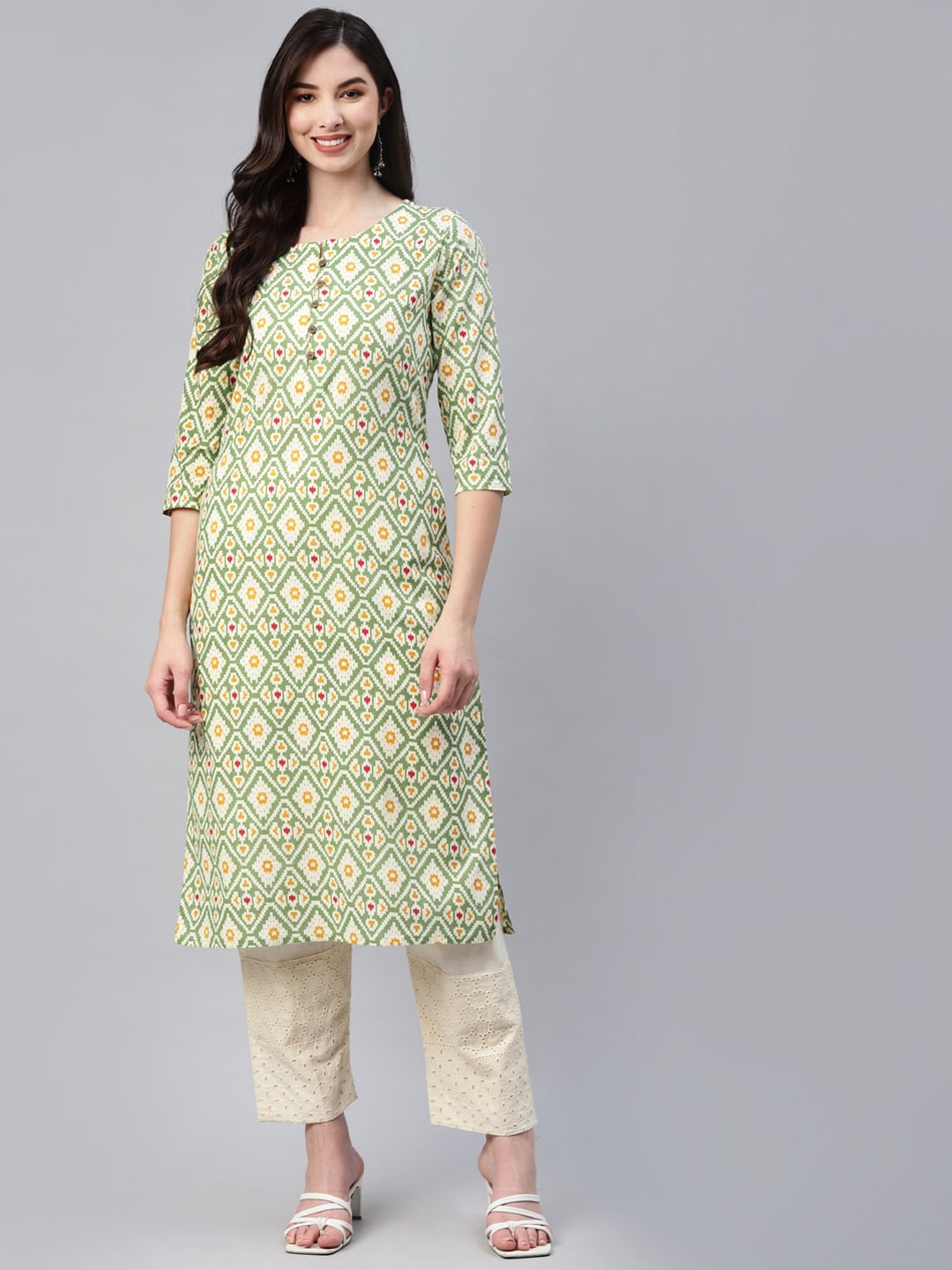 

BAESD Geometric Printed Straight Round Neck Cotton Kurta, Green