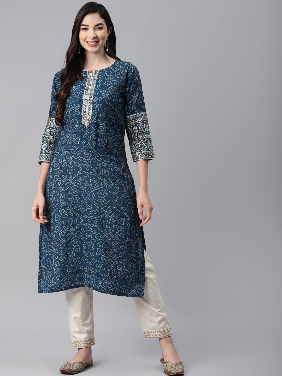 

BAESD Bandhani Printed Round Neck Cotton A-Line Kurta, Blue