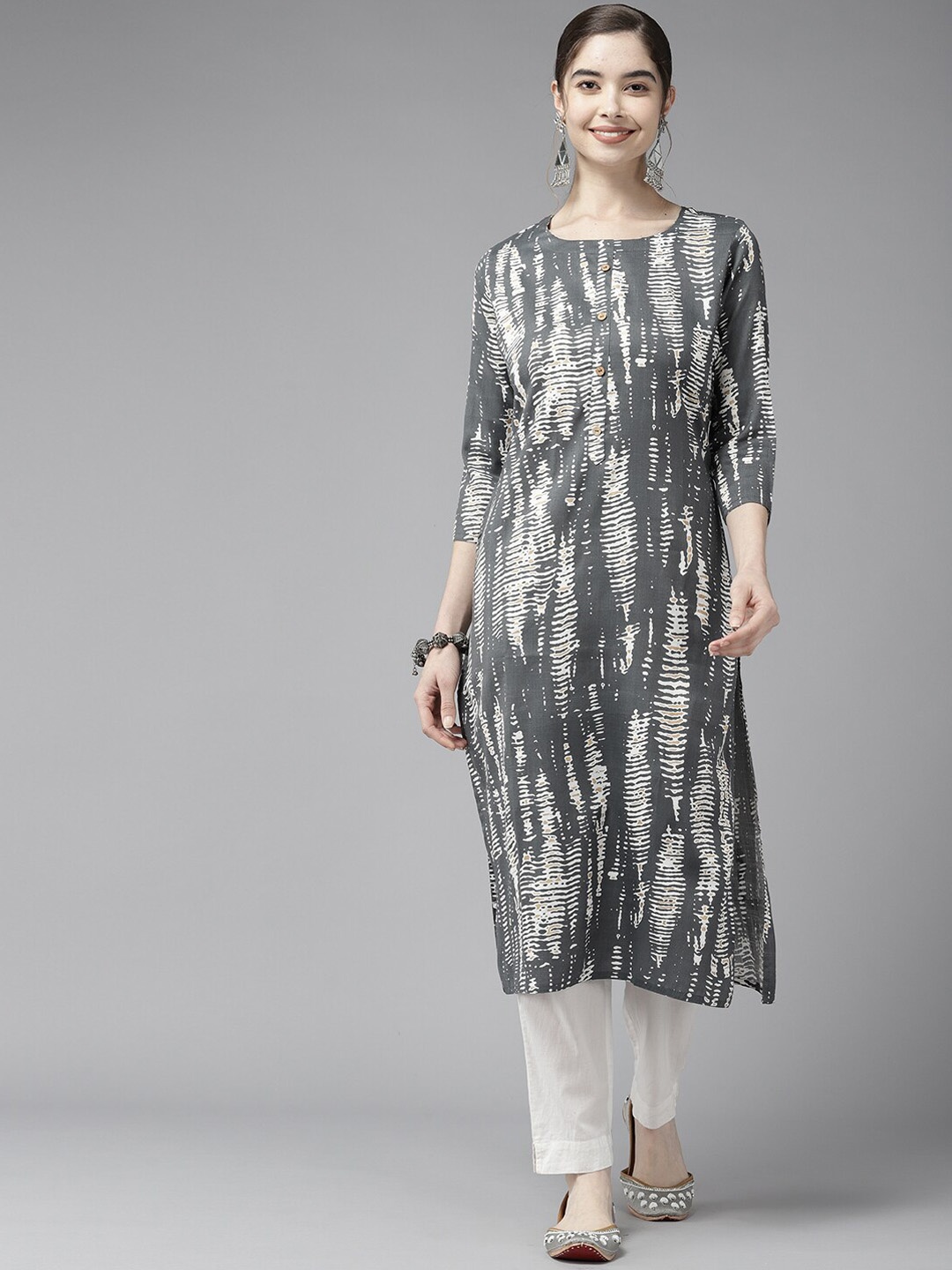 

BAESD Geometric Printed Round Neck Cotton Regular Kurta, Grey