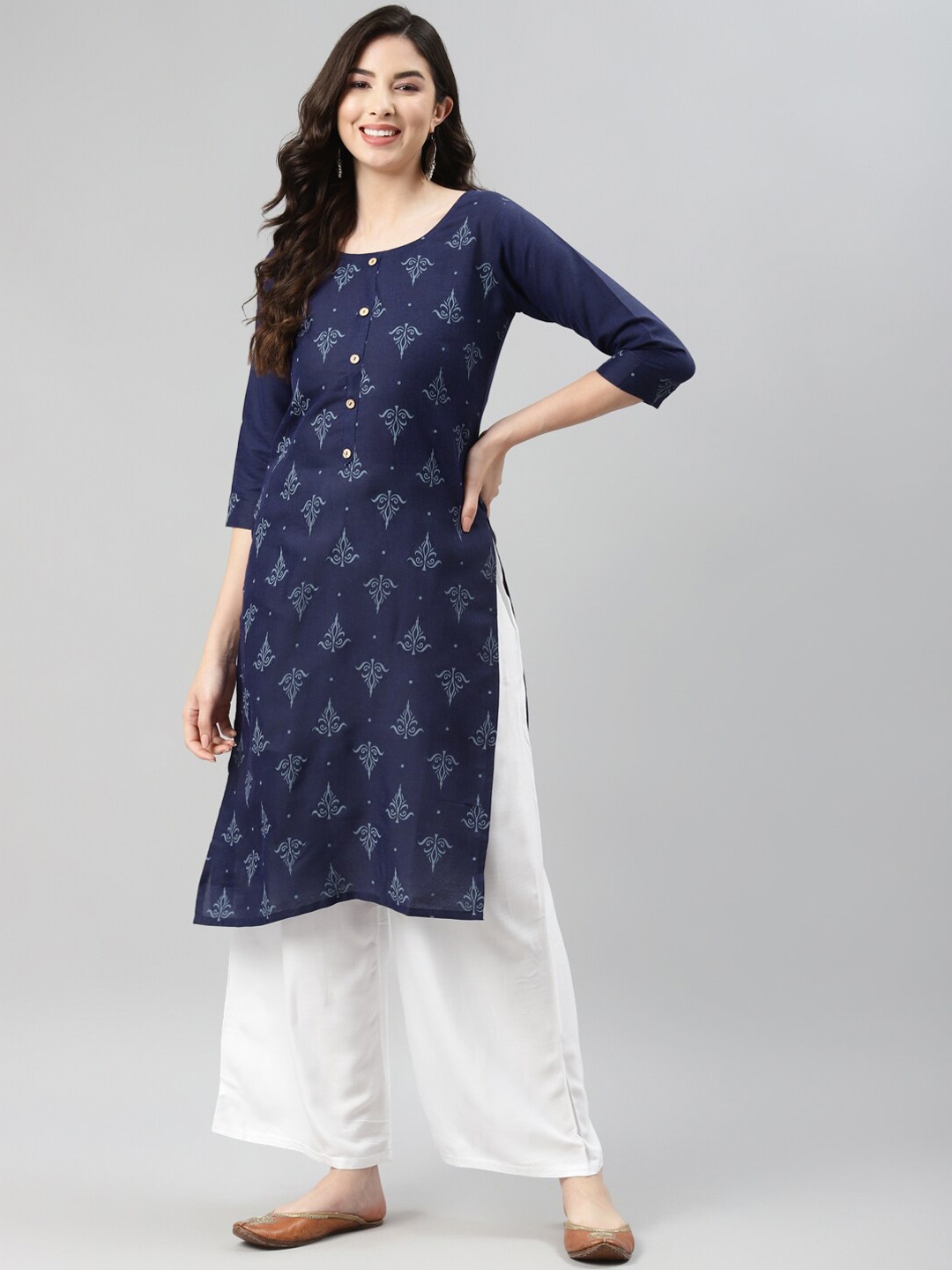 

BAESD Round Neck Ethnic Motif Printed Straight Cotton Kurta, Navy blue