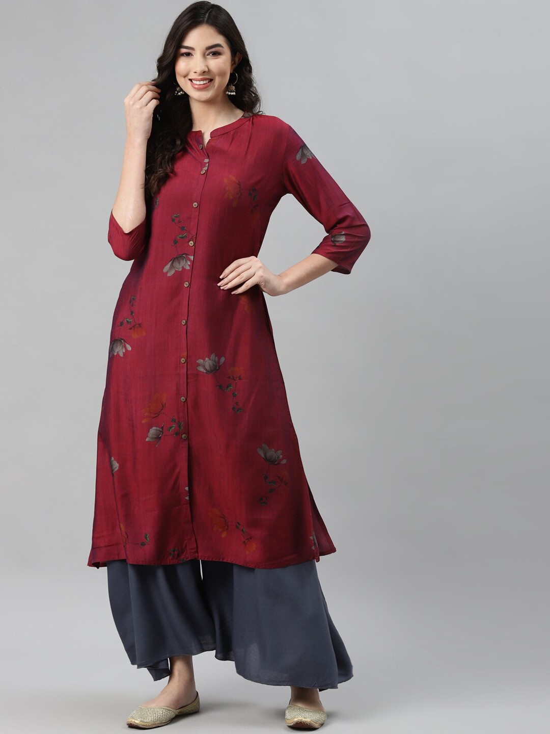 

BAESD Floral Printed Mandarin Collar Pure Cotton Straight Kurta, Burgundy