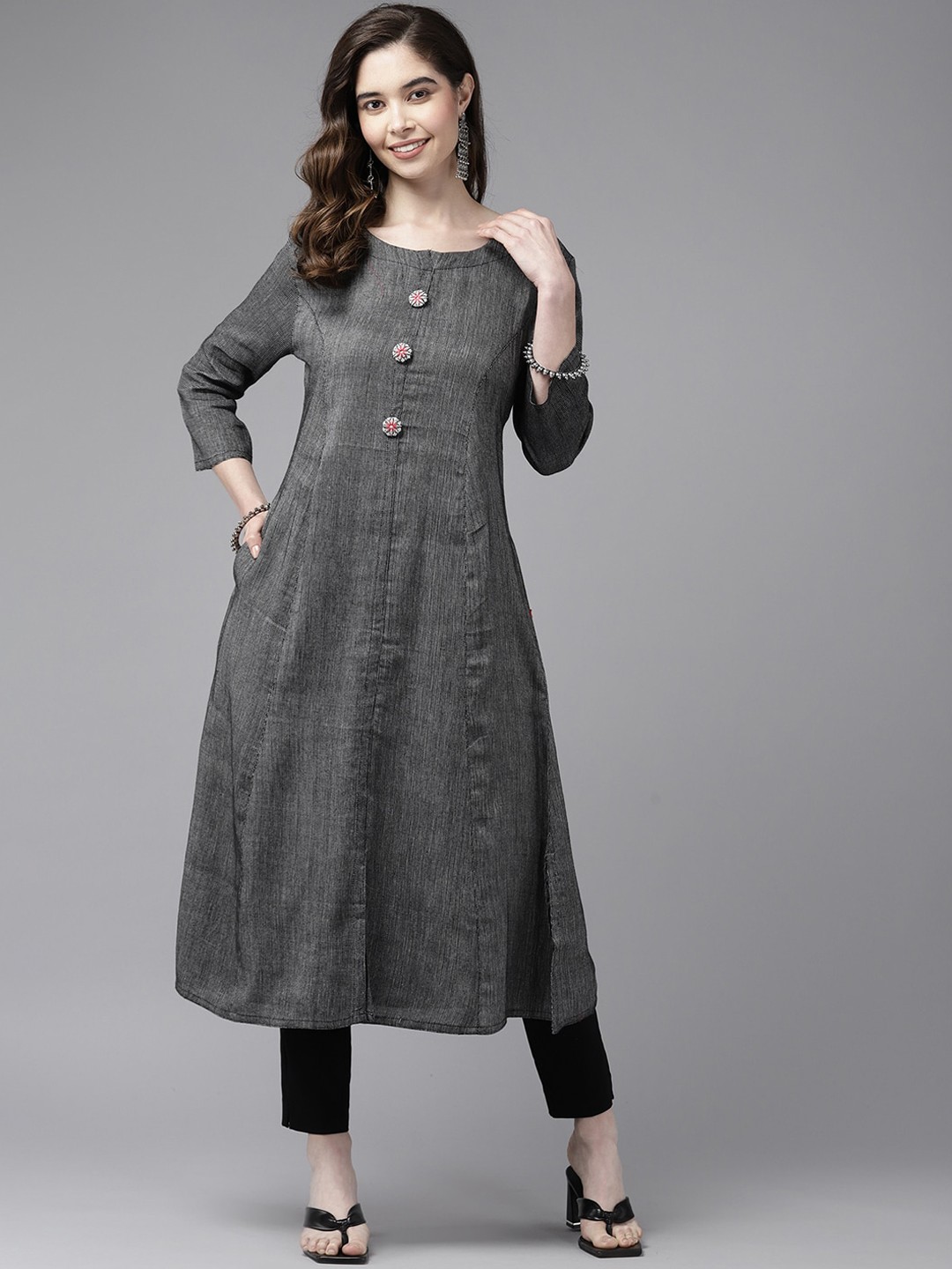 

BAESD Round Neck Panelled Cotton A-Line Kurta, Grey
