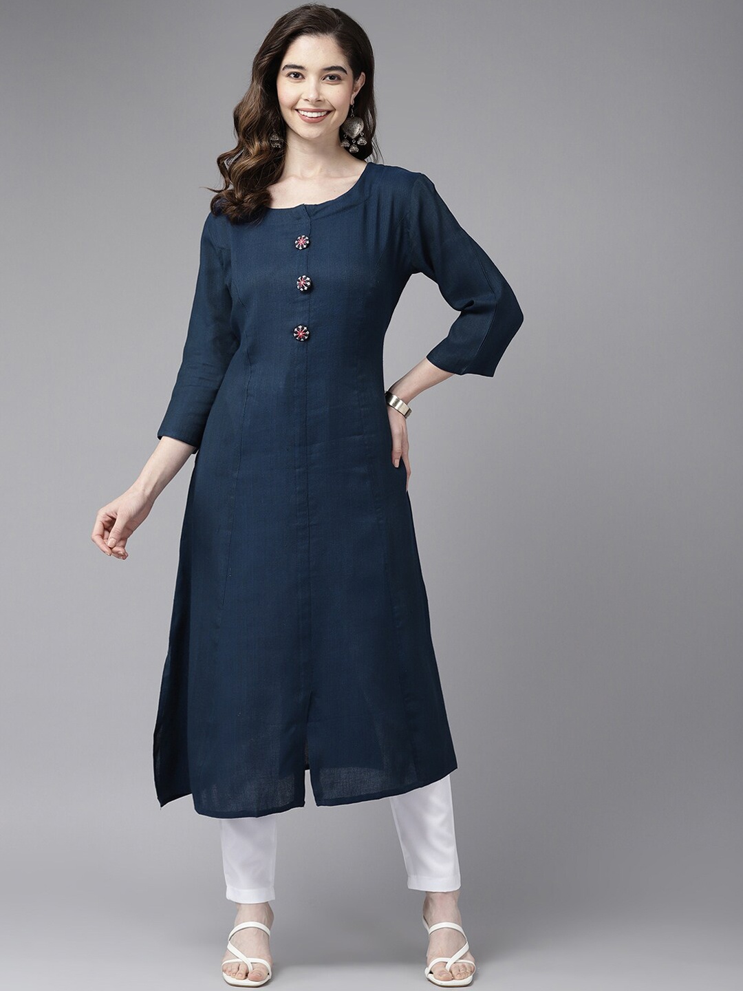 

BAESD Round Neck Cotton Straight Kurta, Navy blue