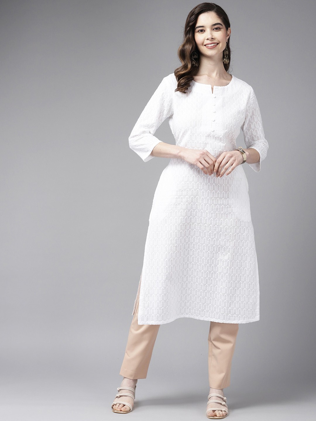

BAESD Ethnic Motifs Embroidered Cotton Straight Kurta, White