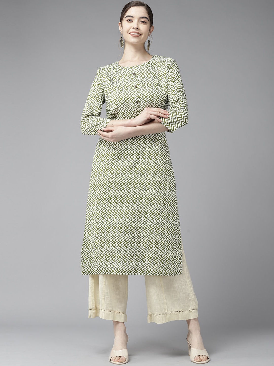 

BAESD Chevron Printed Round Neck Cotton Straight Kurta, Sea green