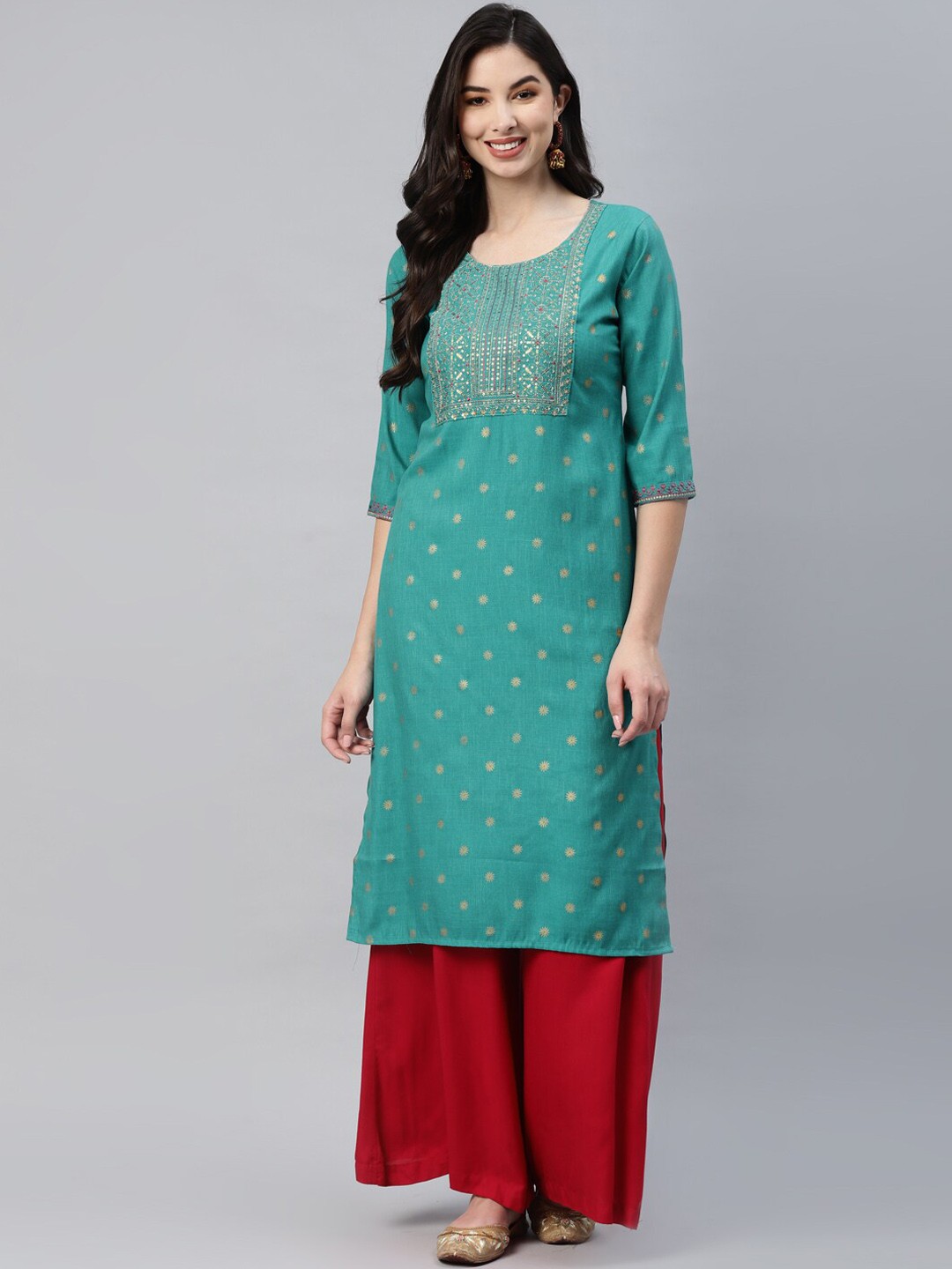 

BAESD Yoke Design Round Neck Thread Work Cotton Kurta, Green