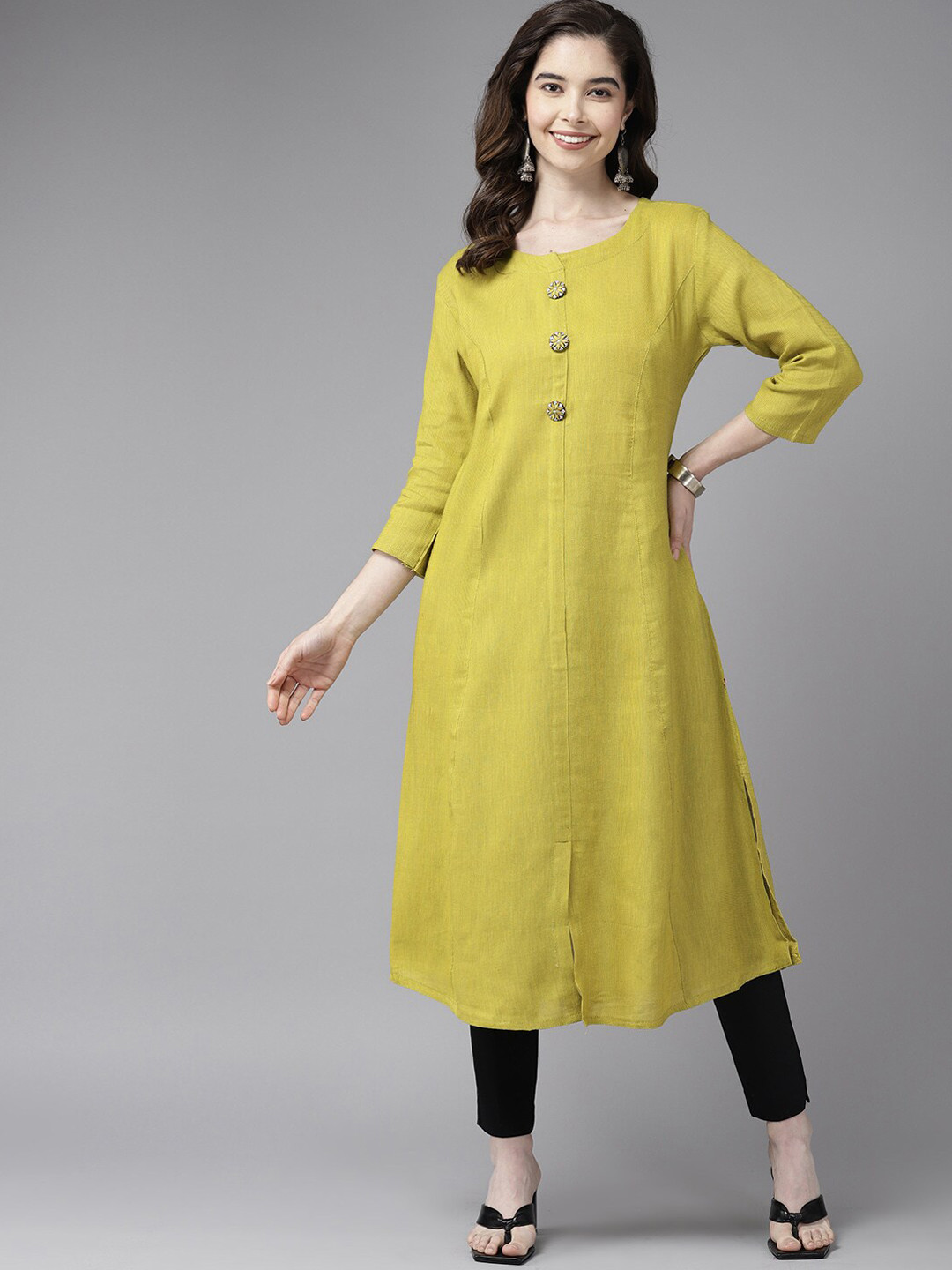 

BAESD Round Neck Cotton A-Line Kurta, Lime green