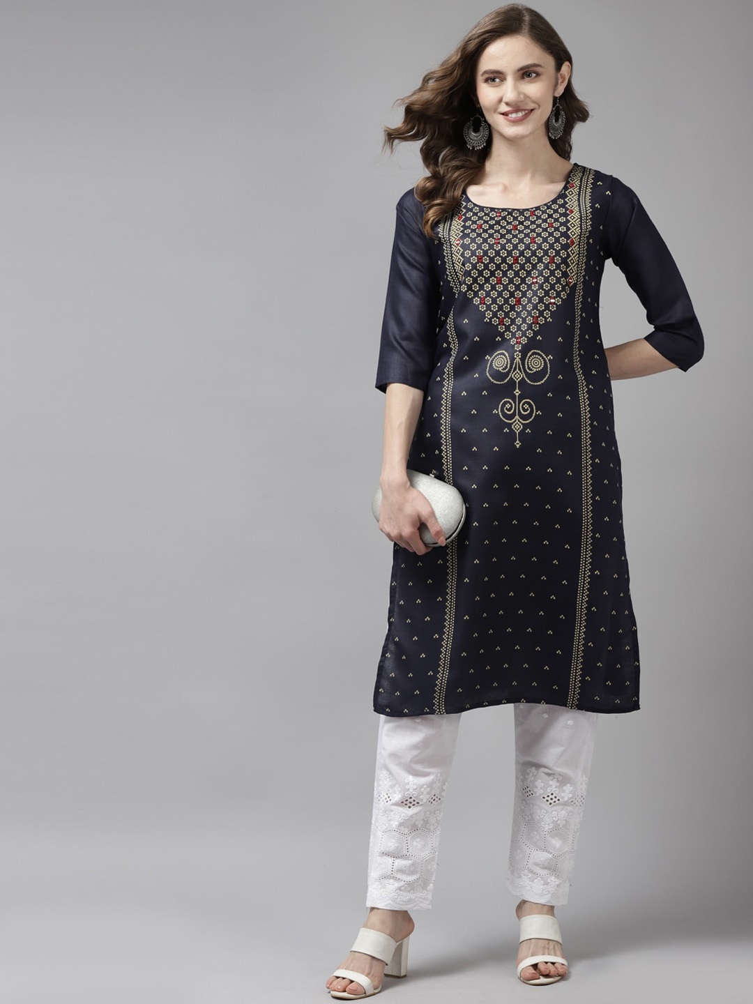 

BAESD Ethnic Motifs Printed Straight Kurta, Navy blue