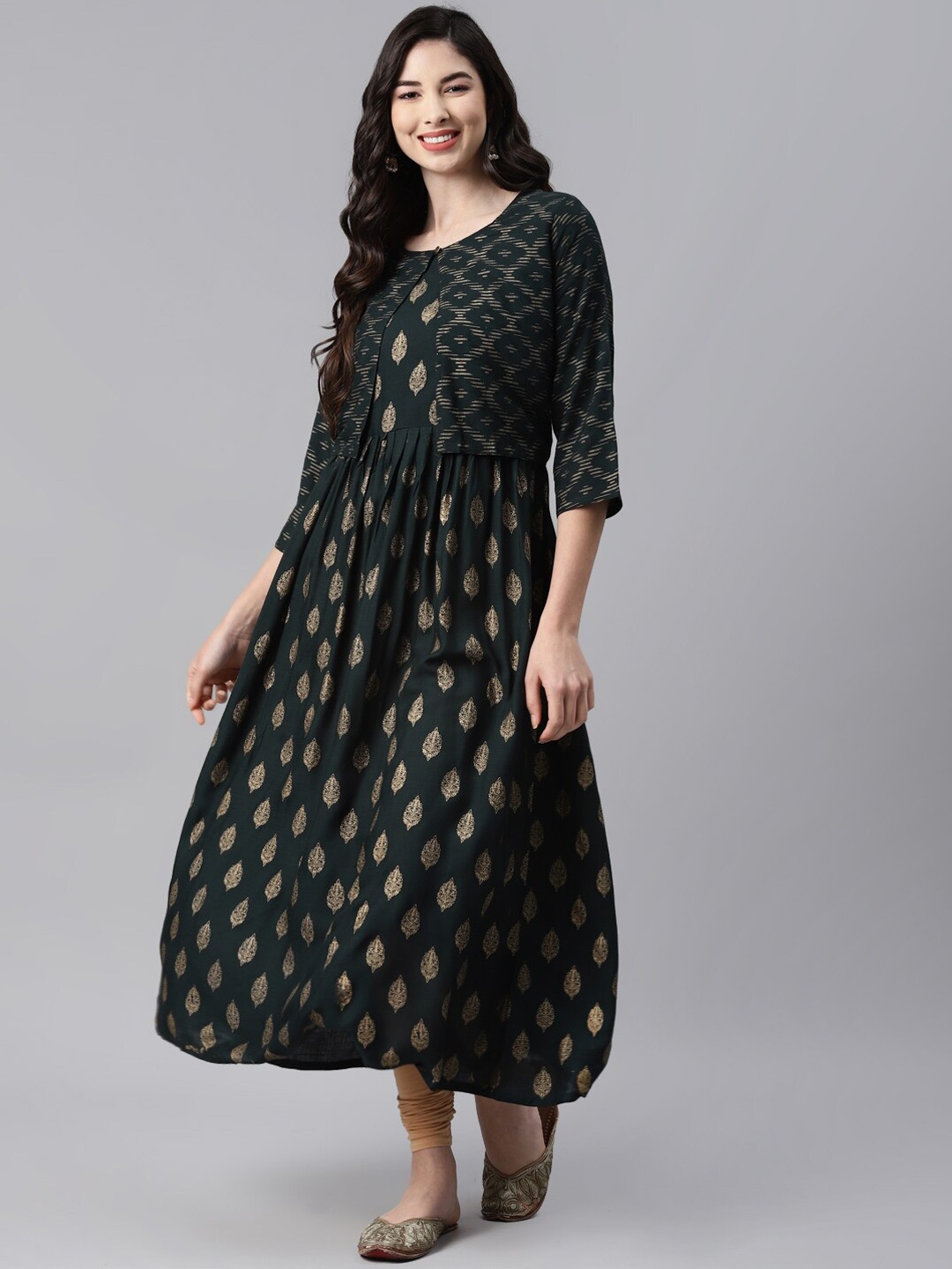 

BAESD Ethnic Motifs Printed Cotton Anarkali Kurta with Jacket, Green