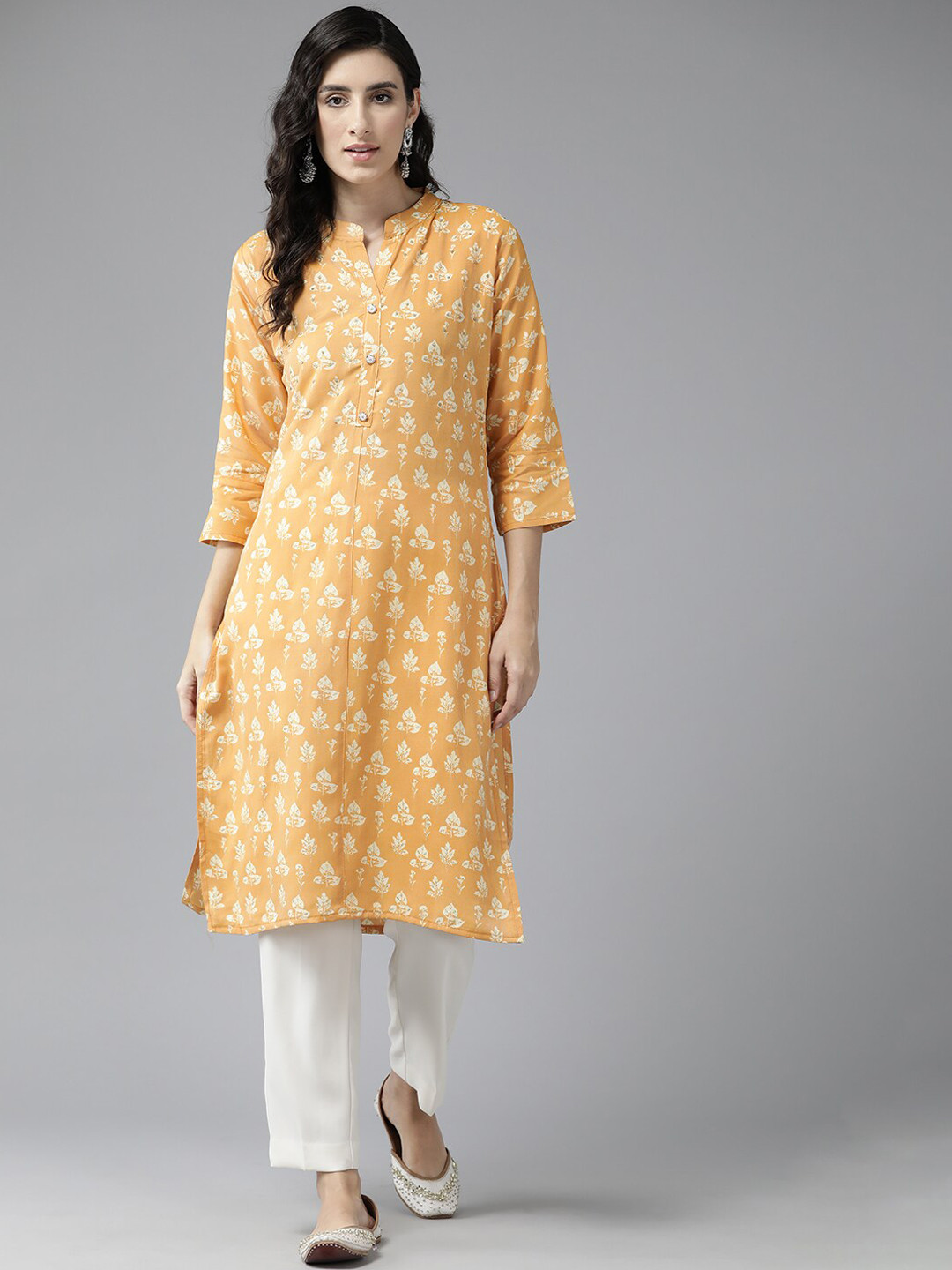 

BAESD Ethnic Motifs Printed Mandarin Collar Beads & Stones Detailed Straight Kurta, Yellow