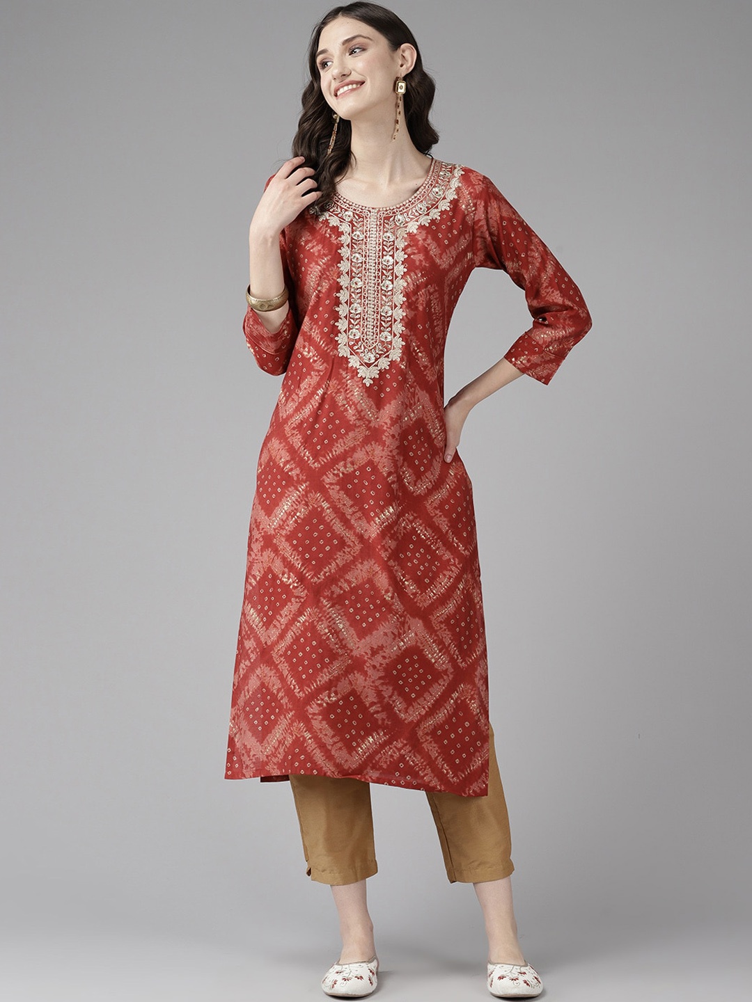 

BAESD Ethnic Motifs Printed Sequinned Cotton Regular Kurta, Red