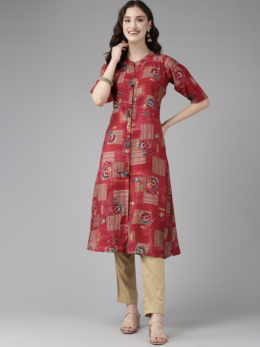 

BAESD Band Collar Floral Printed A-Line Cotton Kurta, Red