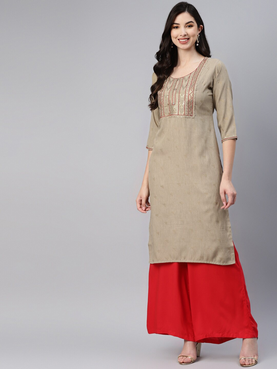 

BAESD Women Beige Geometric Thread Work Handloom Kurta