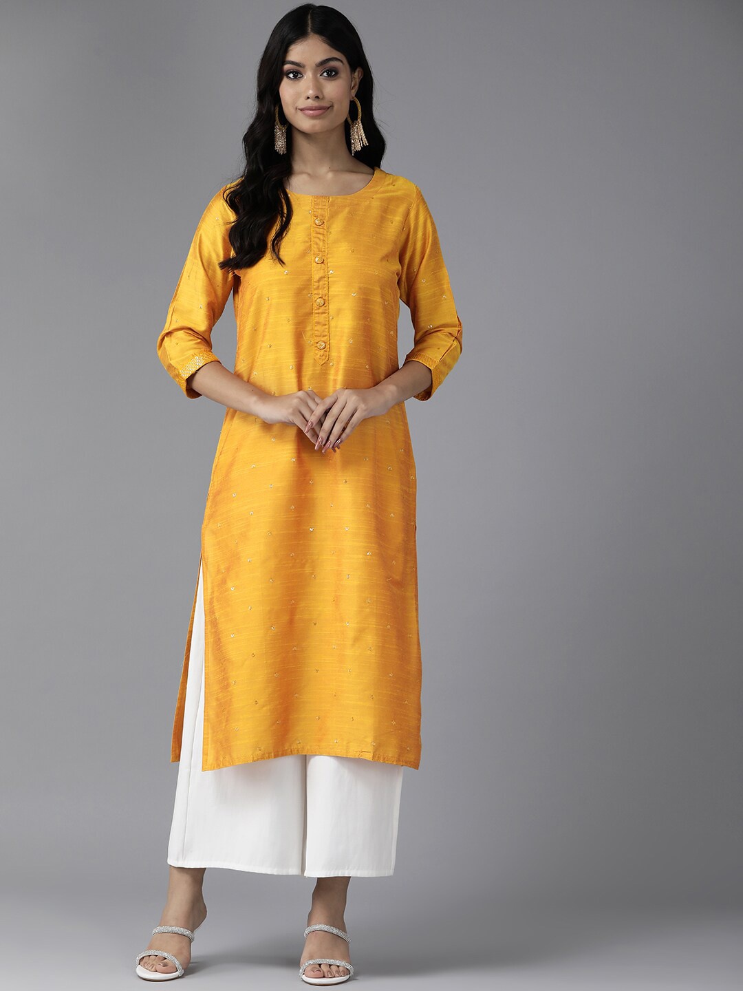 BAESD Woven Design Round Sequins Neck Cotton Straight Kurta, Yellow