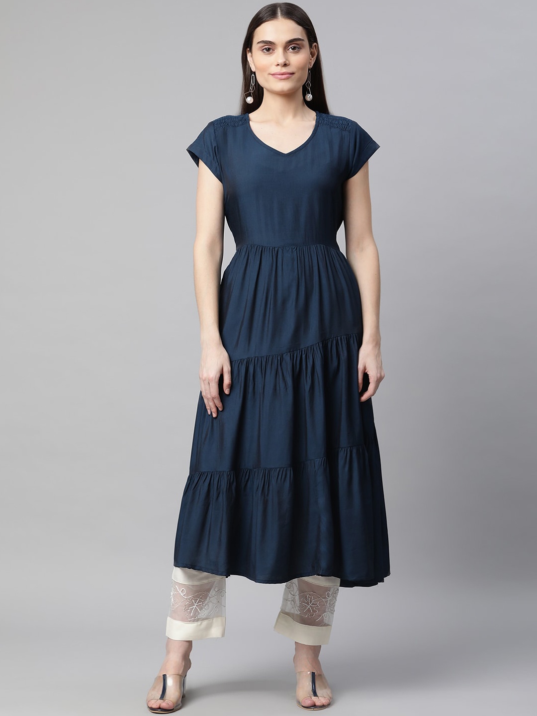 

BAESD V-Neck Tiered Anarkali Kurta, Navy blue