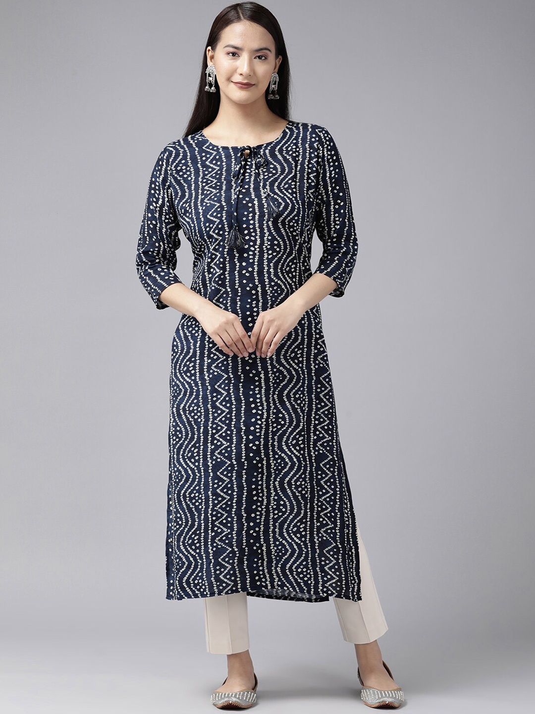 

BAESD Bandhani Printed Tie-Up Neck Straight Kurta, Navy blue