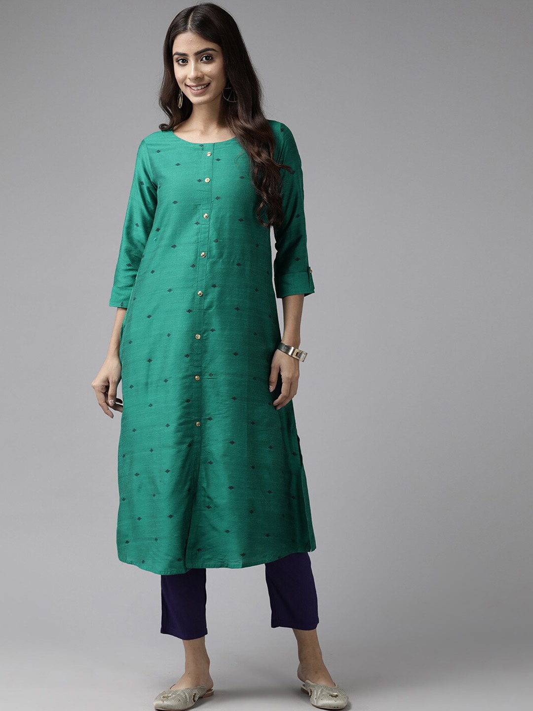 

BAESD Ethnic Motifs Woven Design Cotton A-Line Kurta, Green