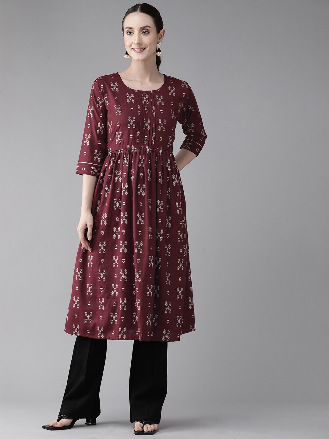 

BAESD Ethnic Motifs Round Neck A-Line Pleated Cotton Kurta, Burgundy