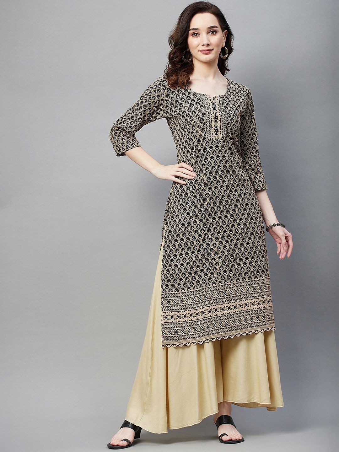 

BAESD Ethnic Motifs Embroidered Thread Work Pure Cotton Straight Kurta, Black