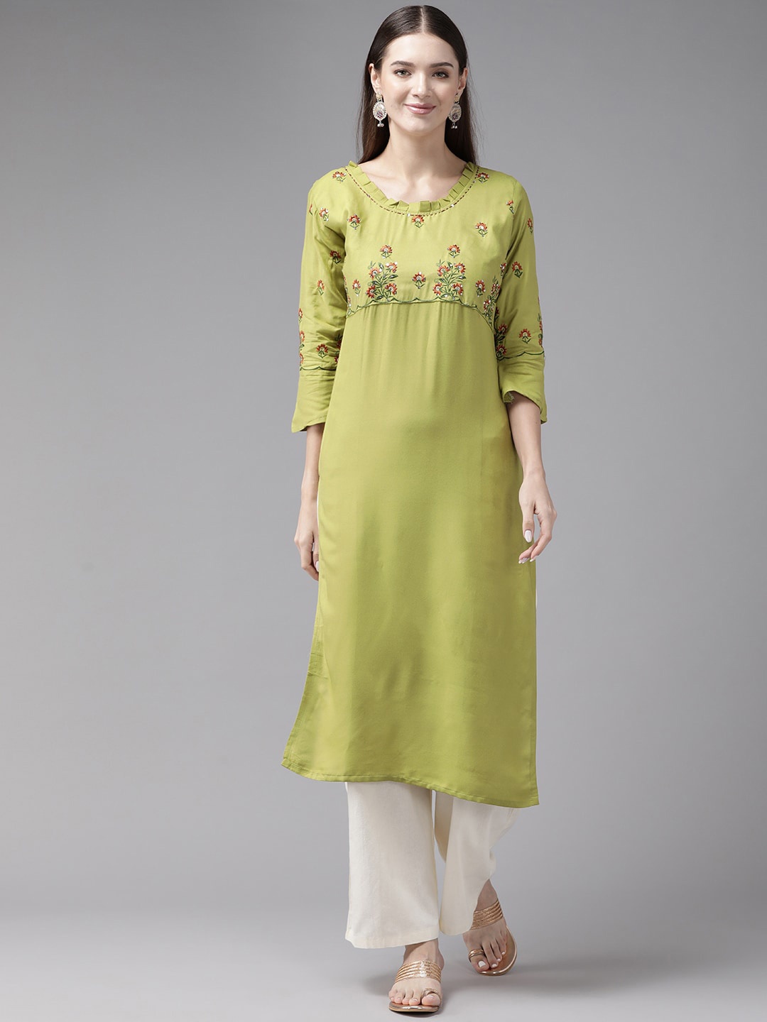 

BAESD Floral Embroidered Beads & Stones Cotton Straight Kurta, Green