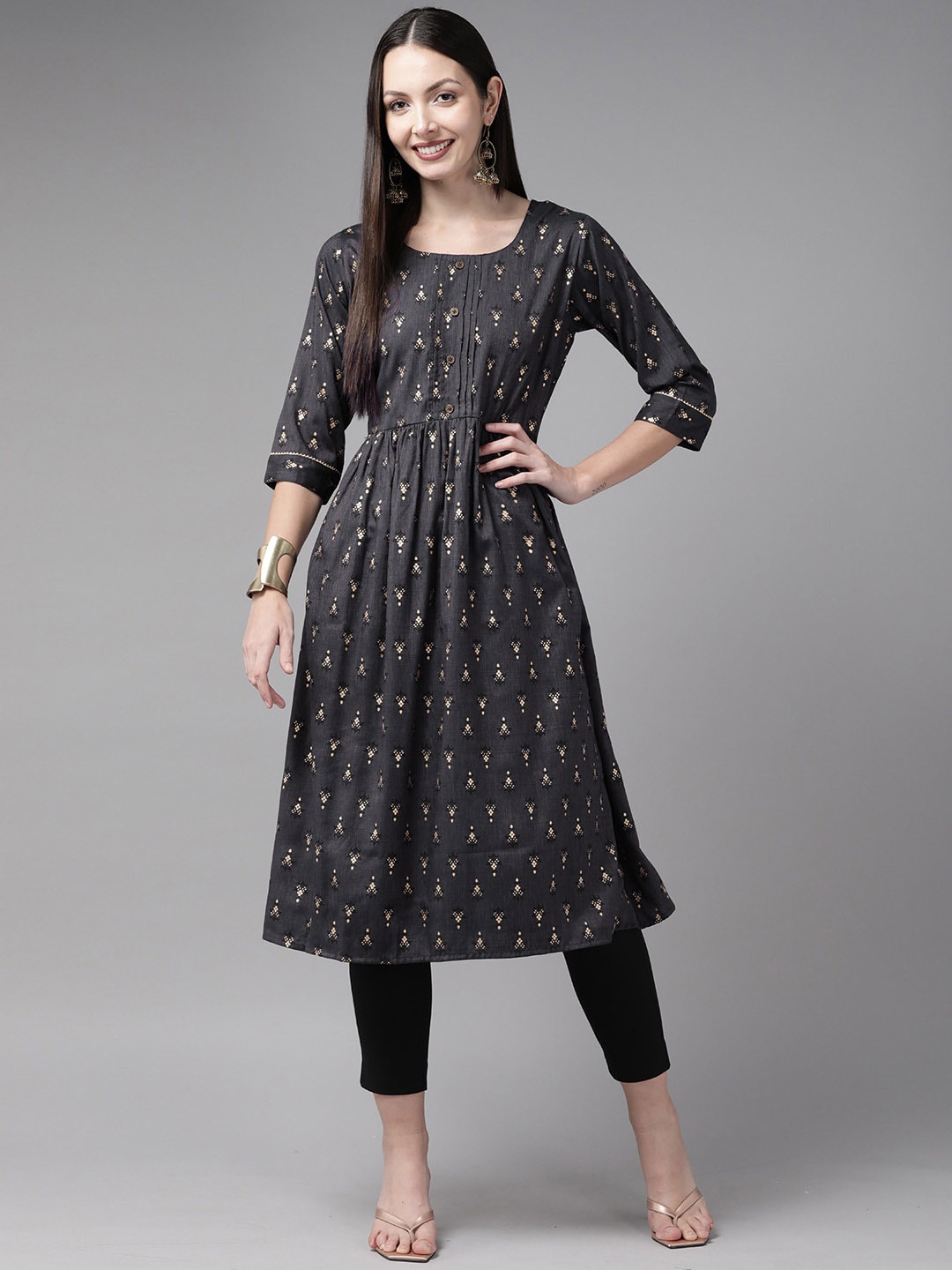 

BAESD Floral Printed Thread Work Cotton Kurta, Grey