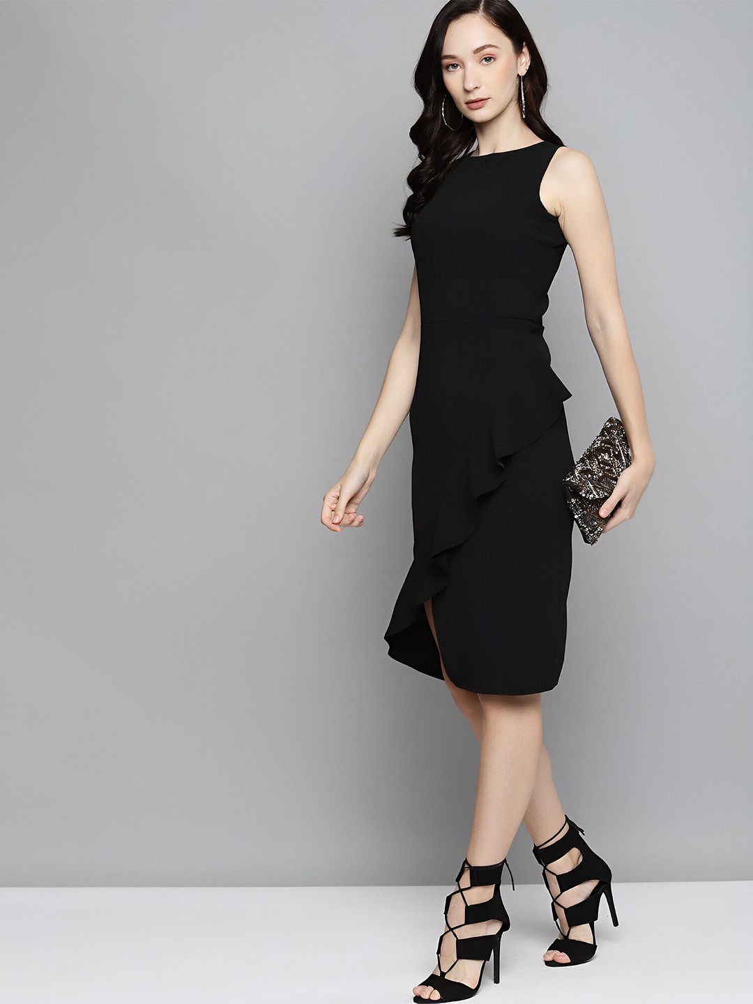 

N N ENTERPRISE Round Neck Sleeveless Sheath Midi Dress, Black