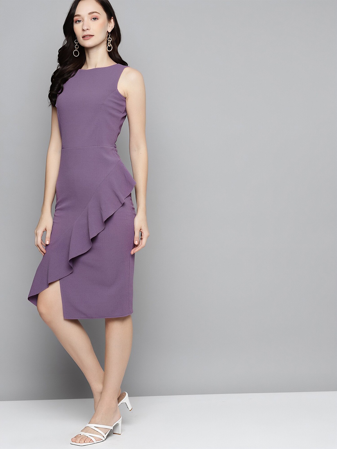 

N N ENTERPRISE Round Neck Sleeveless Sheath Midi Dress, Purple