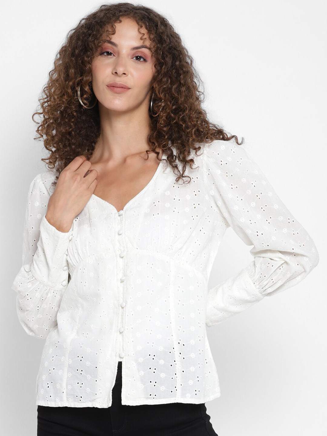 

Porsorte Self Design V-Neck Cuffed Sleeves Schiffli Cotton Shirt Style Top, White