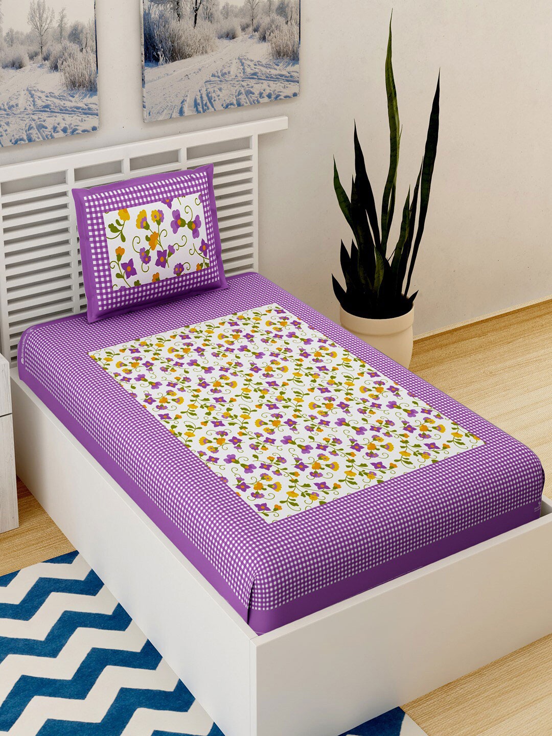 

UNIQCHOICE Purple Ethnic Motifs Printed Cotton 120 TC Single Bedsheet With 1 Pillow Covers