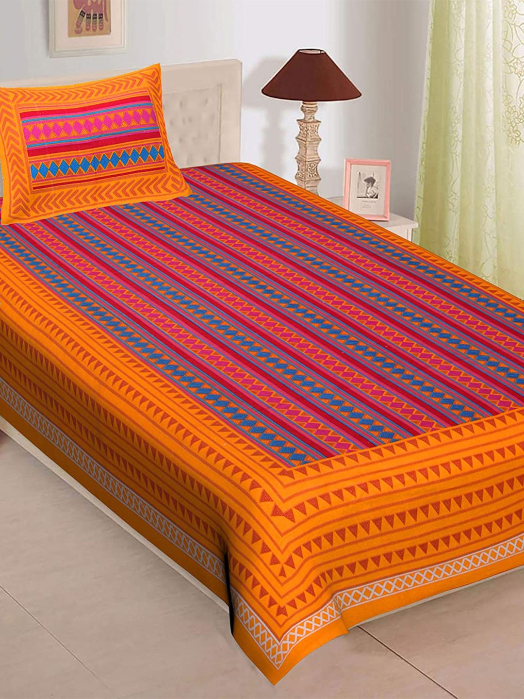 

UNIQCHOICE Yellow & Red Striped 120 TC Pure Cotton Single Bedsheet With 1 Pillow Cover