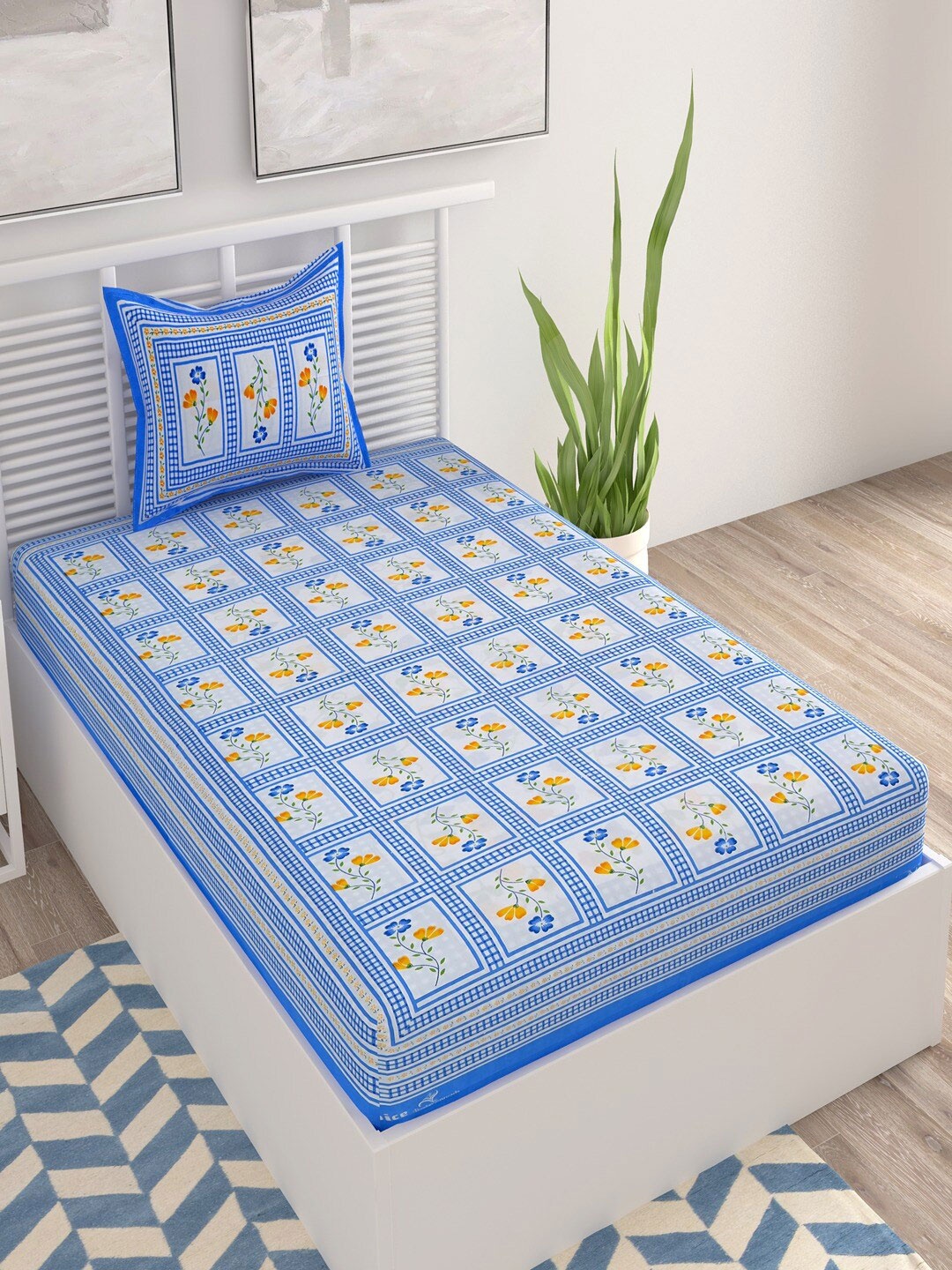 

UNIQCHOICE Blue & White Floral Pure Cotton 120 TC Single Bedsheet With 1 Pillow Cover