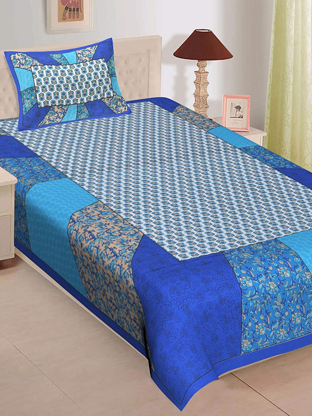 

UNIQCHOICE Blue & White Ethnic Motifs Cotton 120 TC Single Bedsheet with 1 Pillow Cover