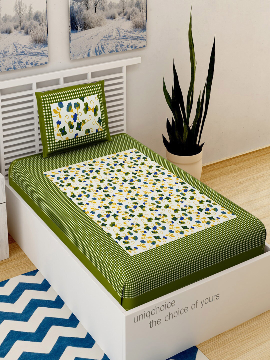 

UNIQCHOICE Green Printed Cotton 120 TC Single Bedsheet With 1 Pillow Covers