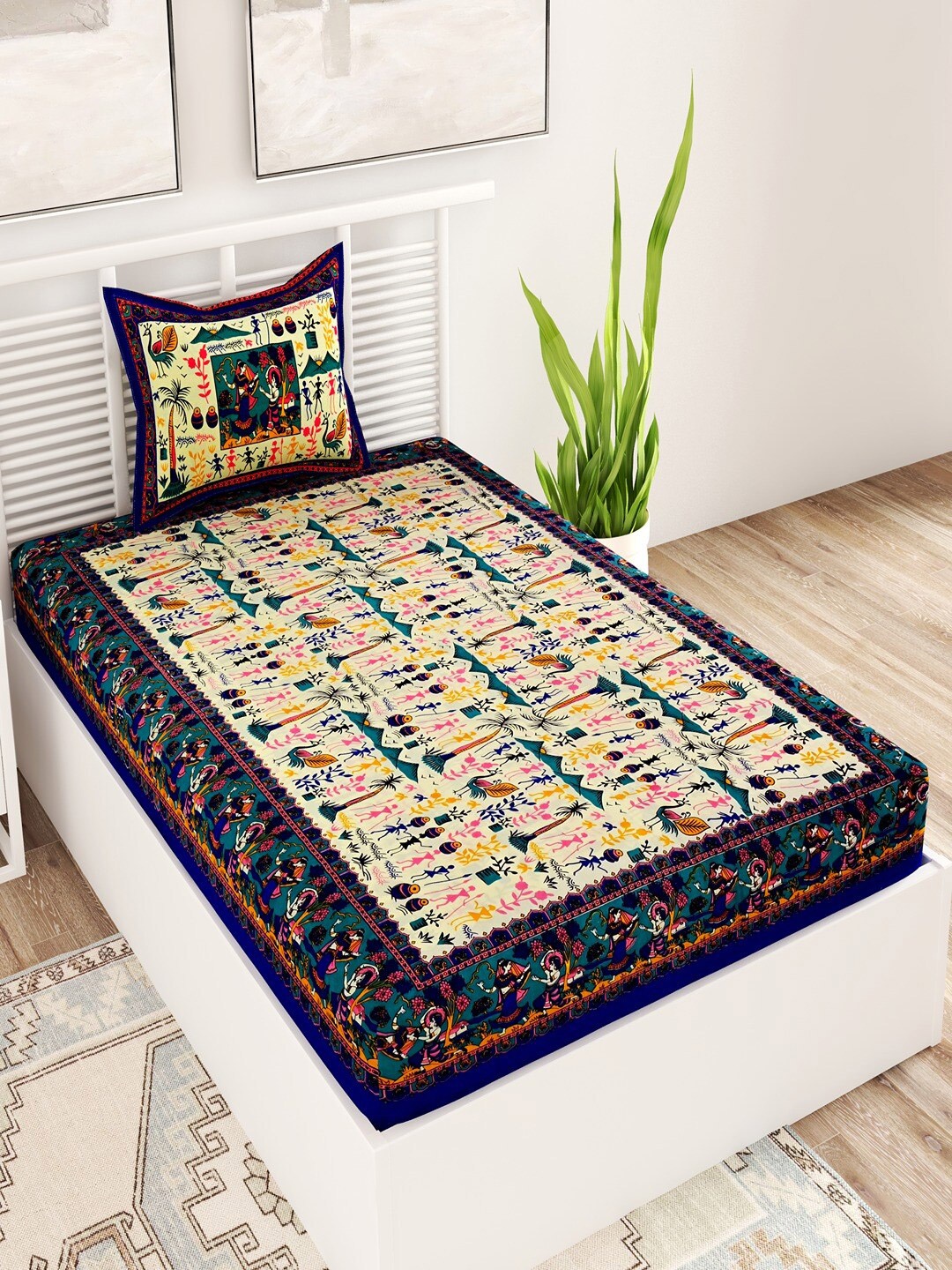 

UNIQCHOICE Blue Ethnic Motifs Cotton 120 TC Single Bedsheet & 1 Pillow Cover