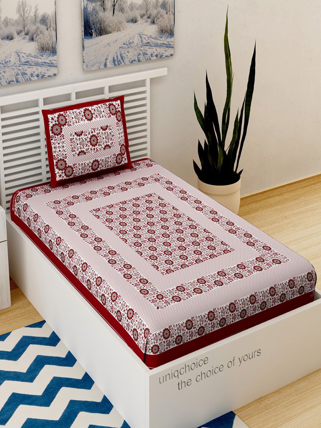 

UNIQCHOICE Maroon Printed Cotton 120 TC Single Bedsheet With 1 Pillow Covers