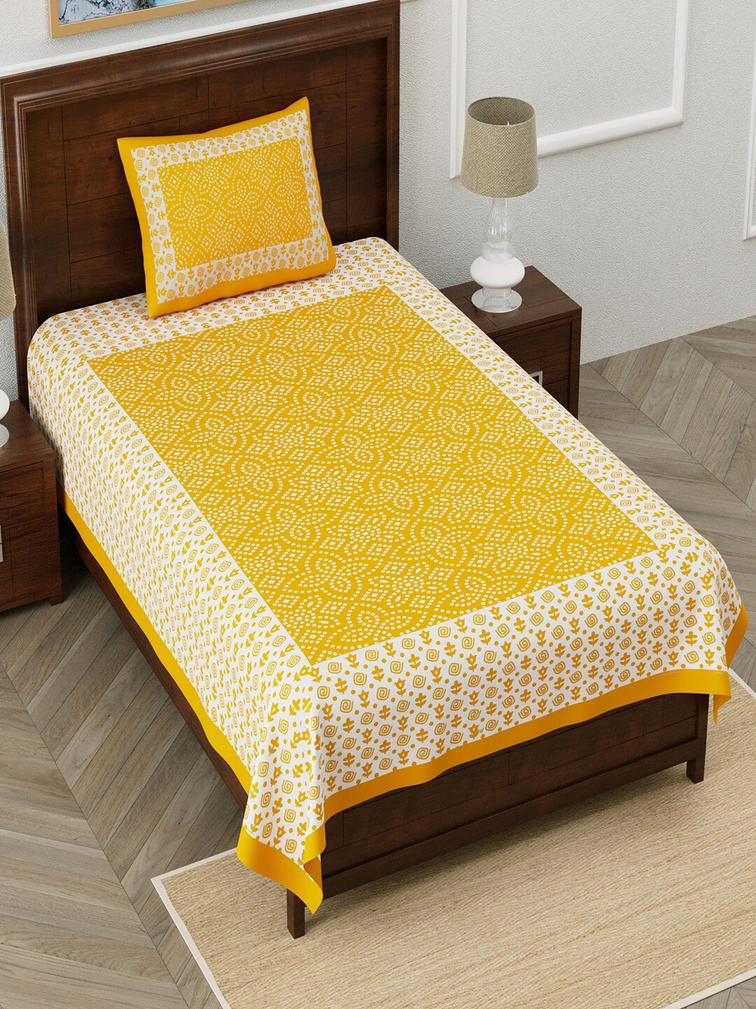 

UNIQCHOICE Yellow & White Ethnic Pure Cotton 120 TC Single Bedsheet With 1 Pillow Cover