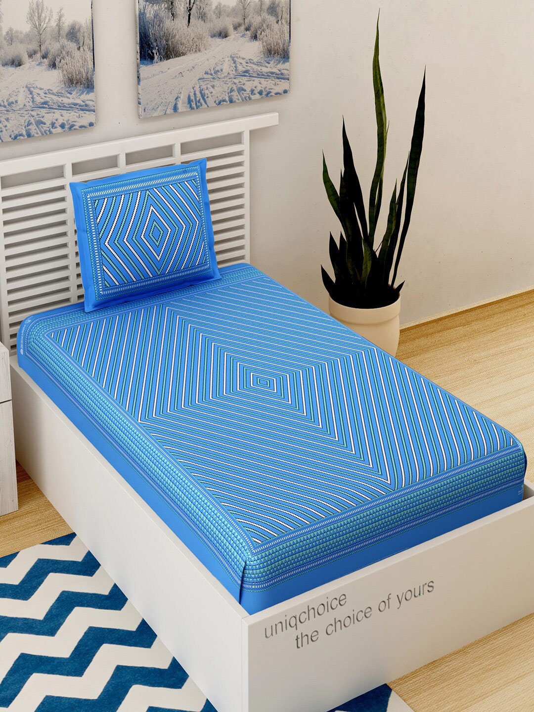 

UNIQCHOICE Blue Printed Cotton 120 TC Single Bedsheet With 1 Pillow Covers