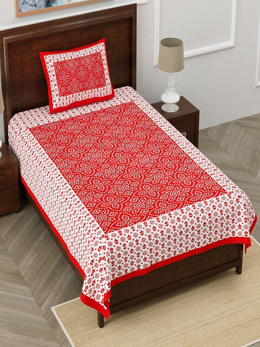 

UNIQCHOICE Red Printed Cotton 120 TC Single Bedsheet With 1 Pillow Covers