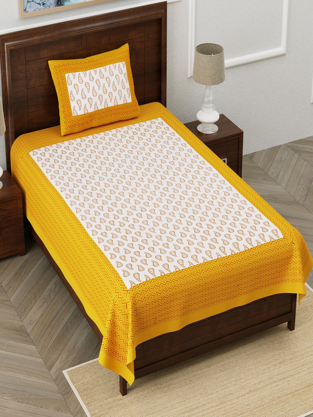 

UNIQCHOICE Yellow Printed Cotton 120 TC Single Bedsheet With 1 Pillow Covers