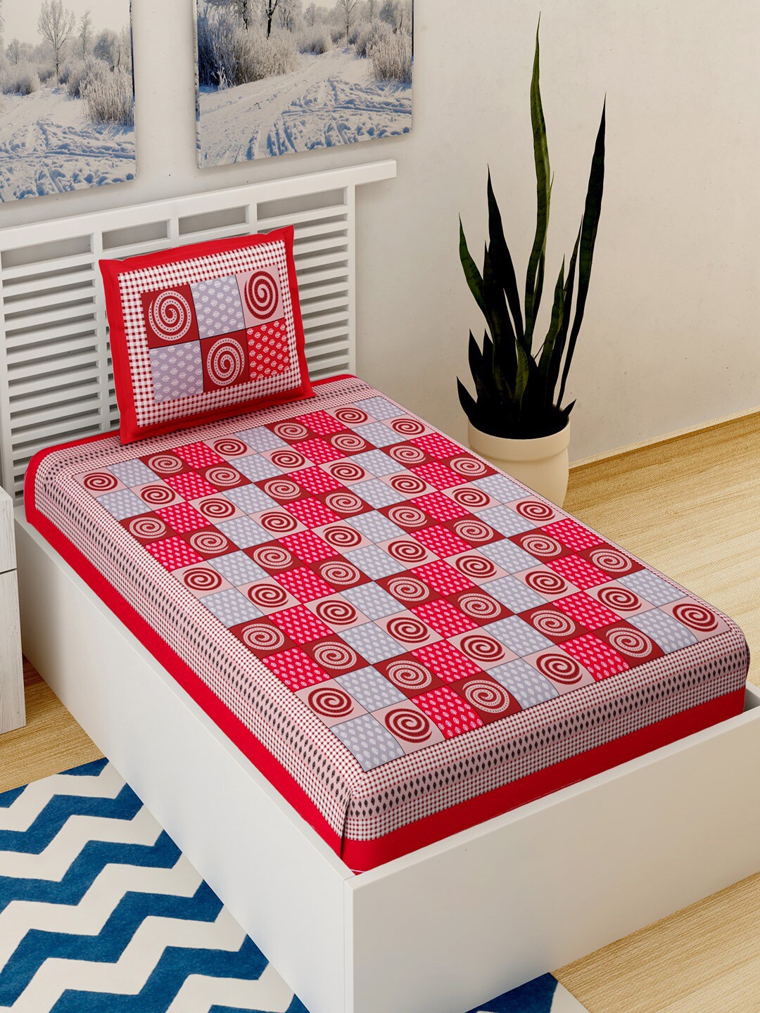 

UNIQCHOICE Red & White Geometric 120 TC Pure Cotton Single Bedsheet With 1 Pillow Cover