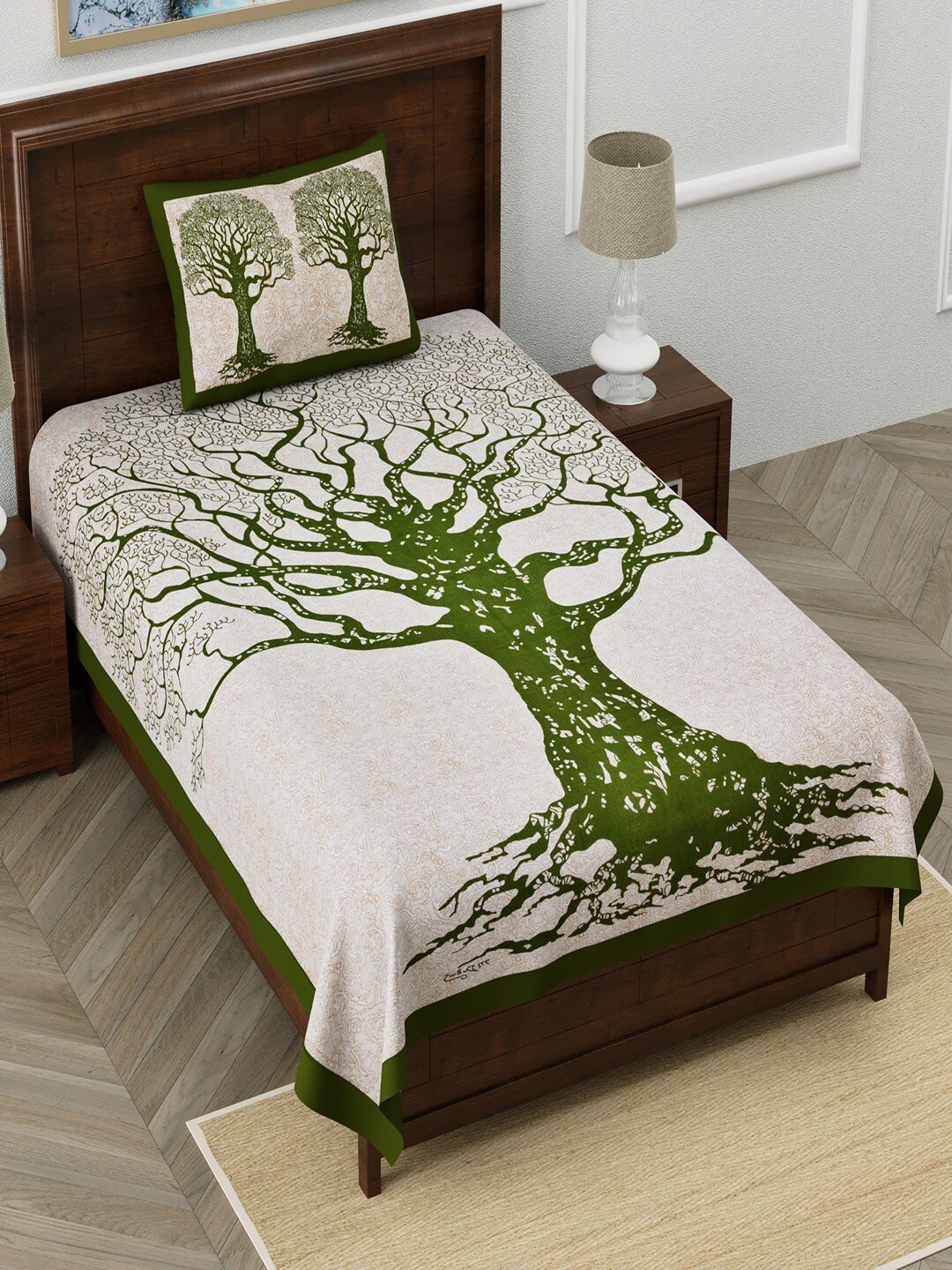 

UNIQCHOICE Green Printed Cotton 120 TC Single Bedsheet With 1 Pillow Covers