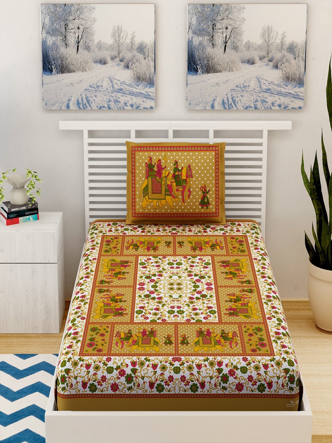

UNIQCHOICE Brown Printed Cotton 120 TC Single Bedsheet With 1 Pillow Covers