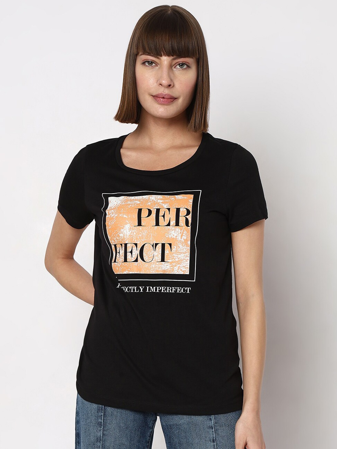 

Vero Moda Typography Printed Cotton Regular T-shirt, Black