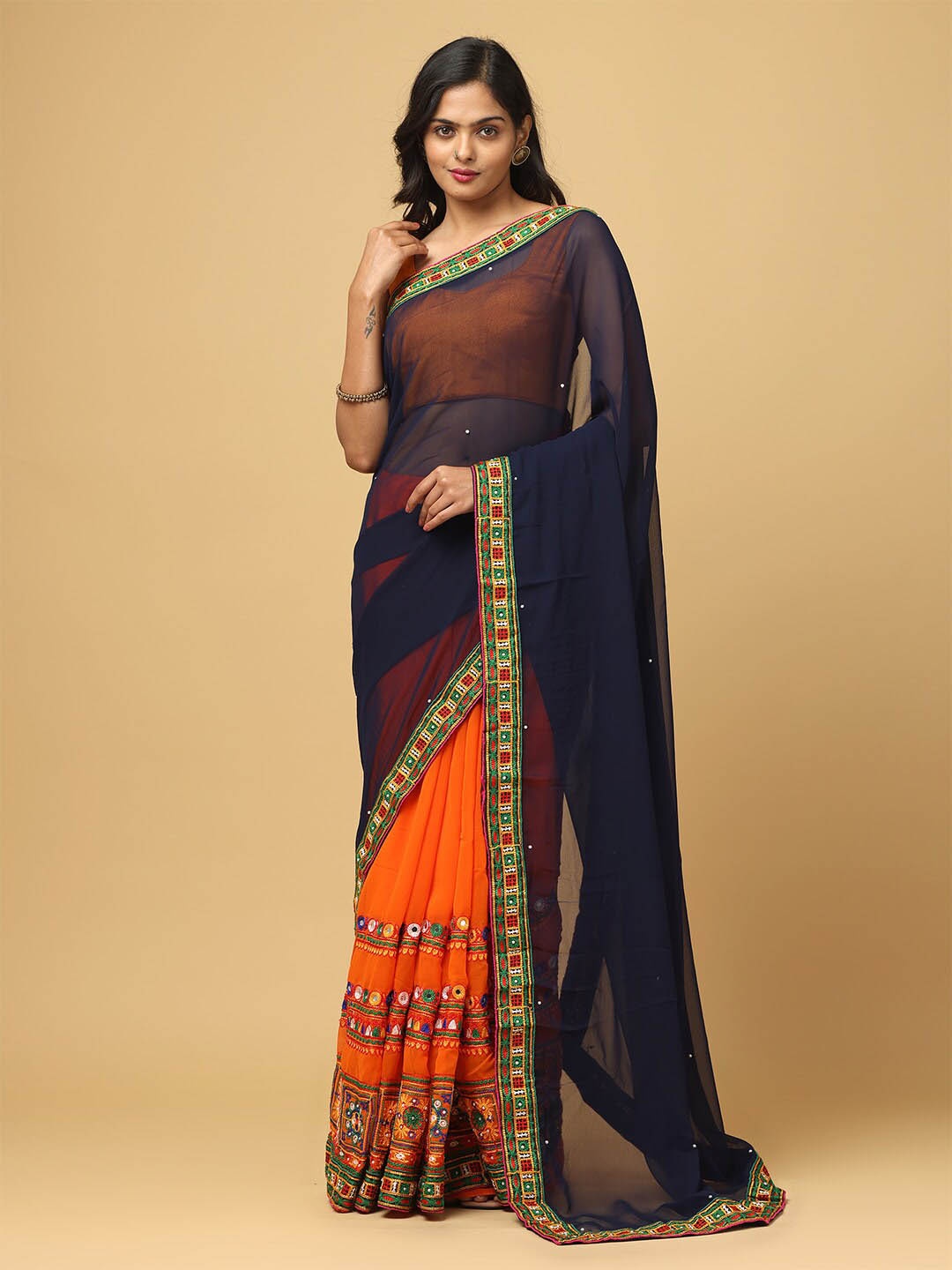 

VASTRANAND Kutchi Embroidery Ruffles Half & Half Saree, Navy blue