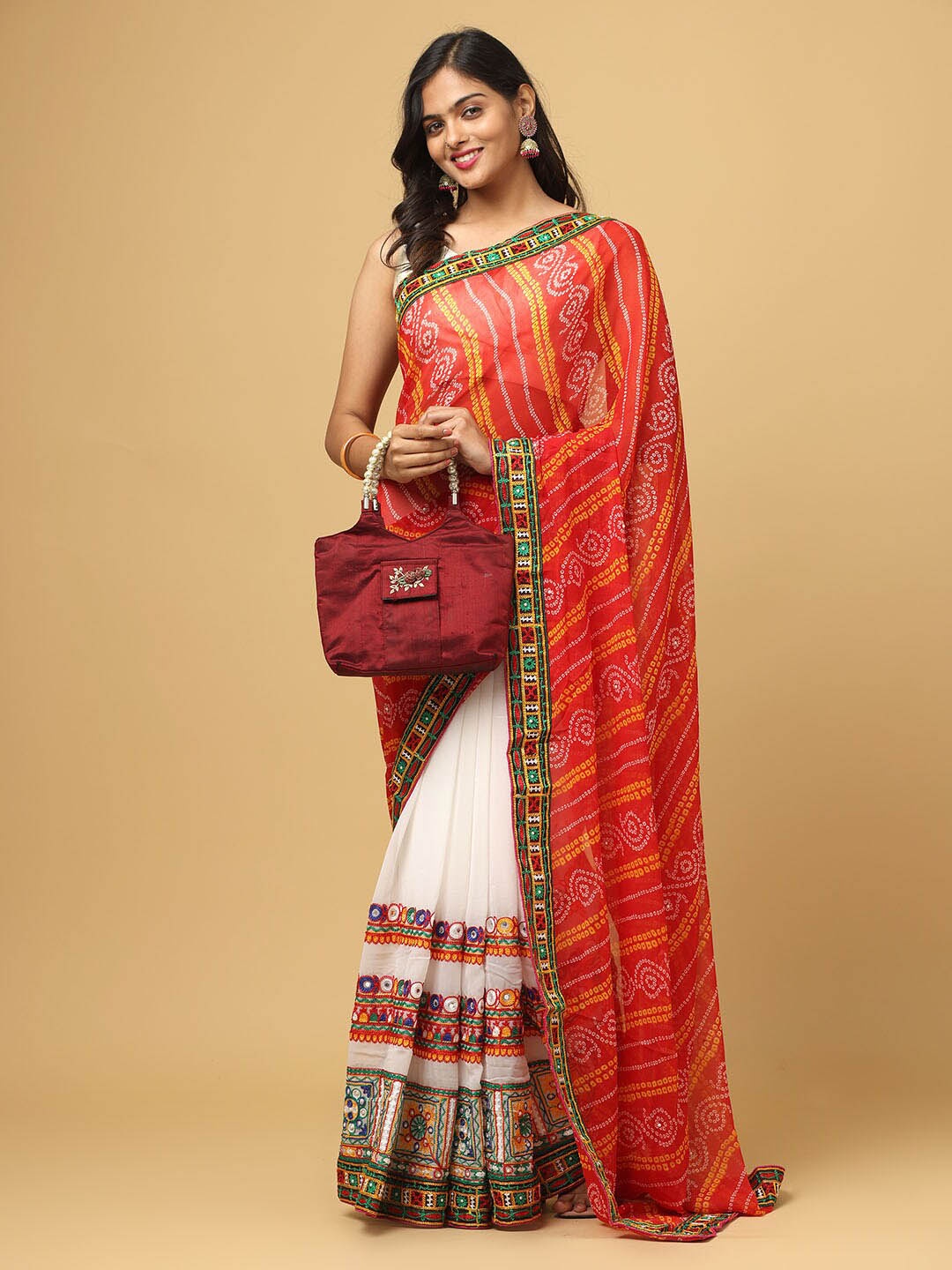 

VASTRANAND Bandhani Printed Mirror Work Half And Half Ruffled Saree, Red