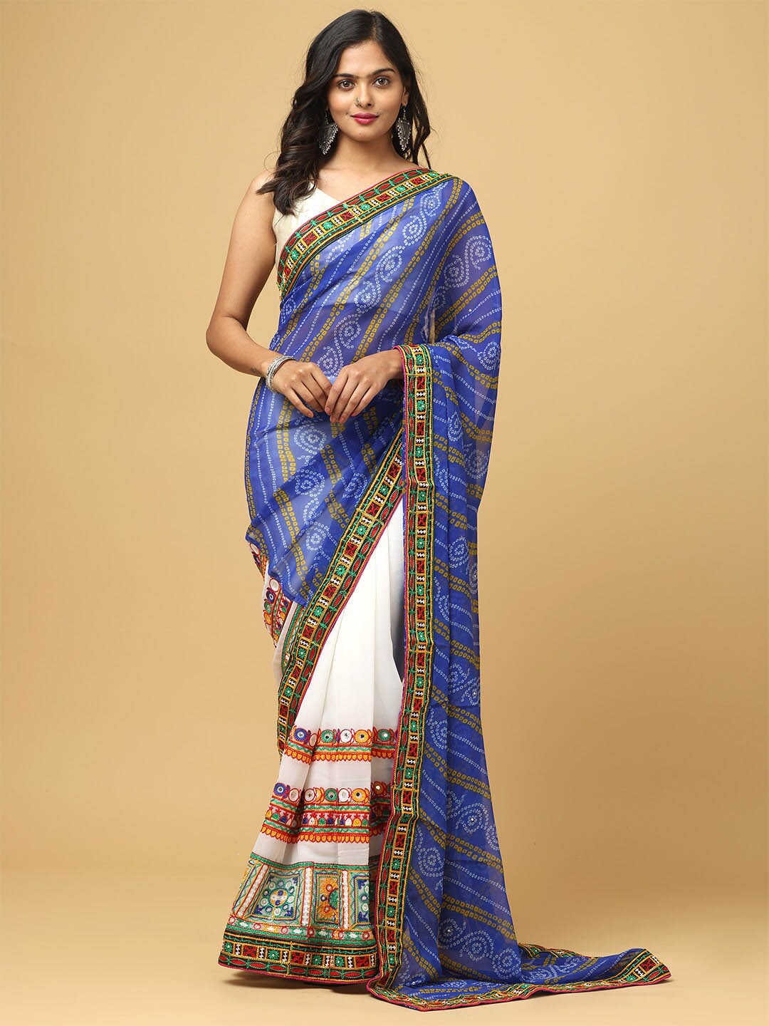 

VASTRANAND Bandhani Printed Kutchi Embroidery Half and Half Saree, Blue